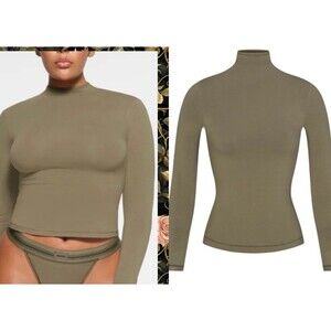 Skims Cotton Jersey Turtleneck Shirt Army NWT